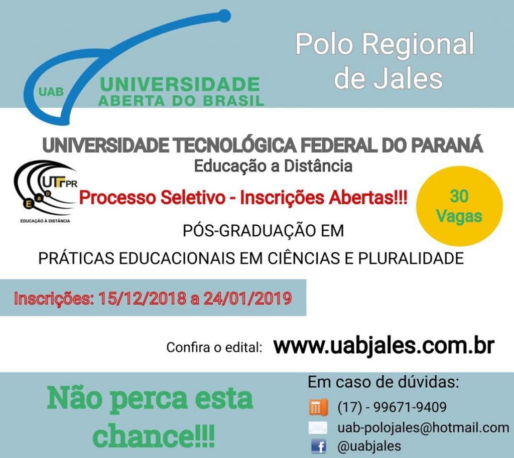 UTFPR abre vagas para Especialização em Práticas Educacionais em Ciências e Pluralidade