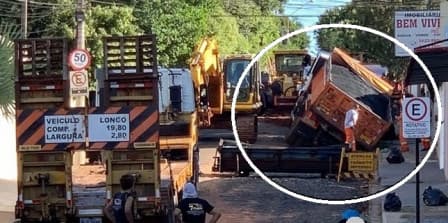 Caminhão afunda durante obras, após rua ceder