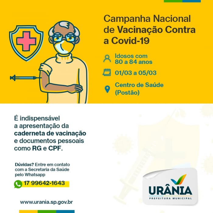 Idosos de 80 a 84 anos começam a ser vacinados contra a COVID-19 na próxima semana em Urânia