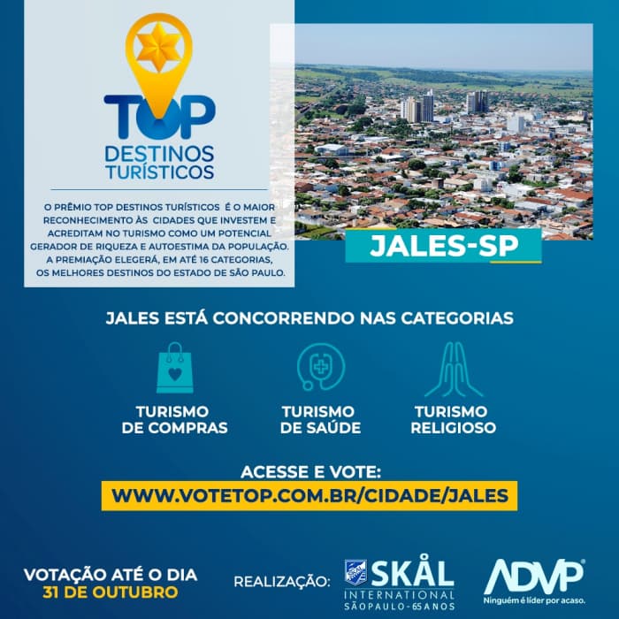 Vote em Jales no Prêmio Top Destinos nas categorias de turismo de saúde, religioso e de compras