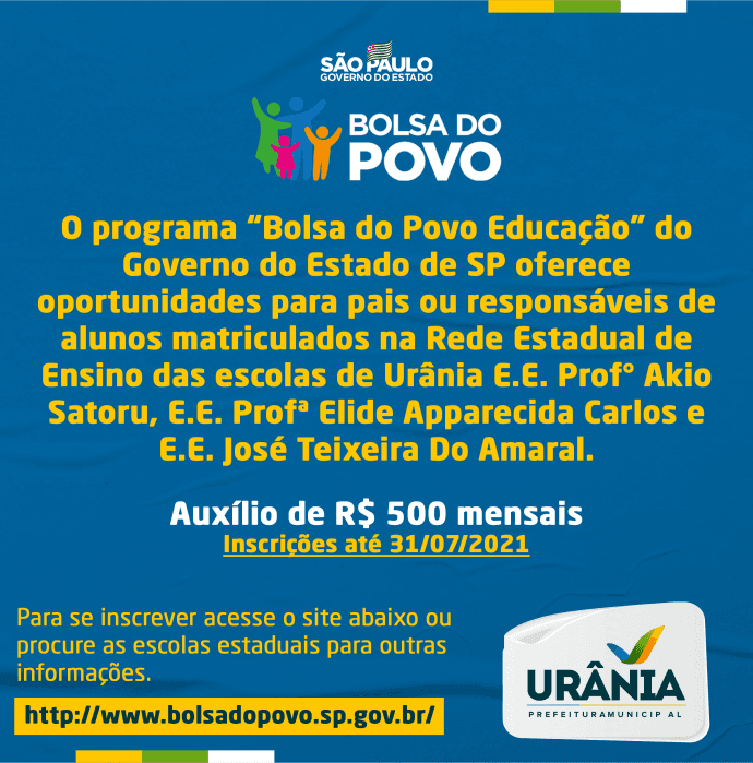 Governo do Estado de São Paulo oferece oportunidade remunerada para pais de alunos de escolas estaduais de Urânia
