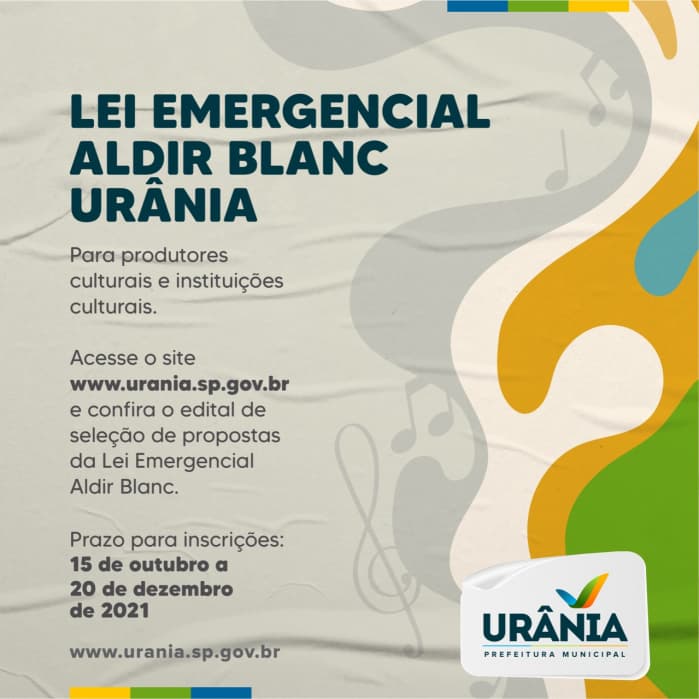 Lei Emergencial Aldir Blanc está disponível no site da Prefeitura Municipal de Urânia