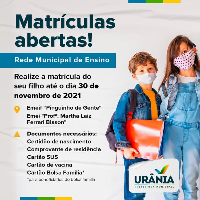 Matrículas para o ano letivo de 2022 da Rede Municipal de Educação seguem abertas em Urânia