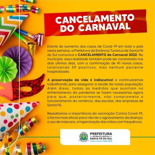 Após anunciar show de João Bosco e Vinícius, Santa Fé do Sul cancela Carnaval 2022