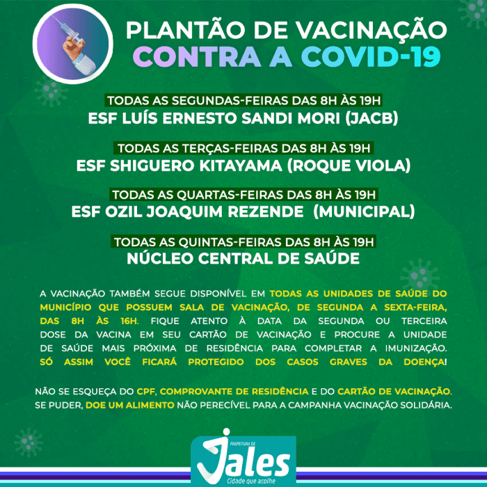 Prefeitura de Jales continua com Plantão de Vacinação contra a covid-19 em unidades de saúde