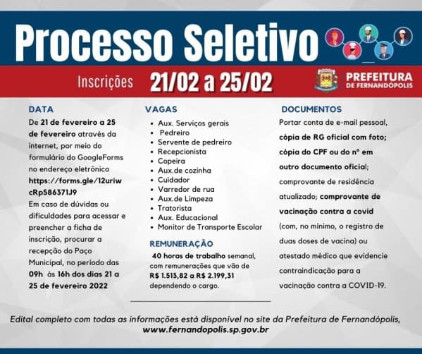 Prefeitura de Fernandópolis divulga informações do Processo Seletivo Simplificado